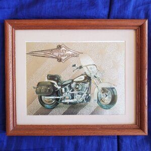 Vtg Harley Davidson Art Duflex Foil Biker Print Mat & Wood Frame Stars & Stripes